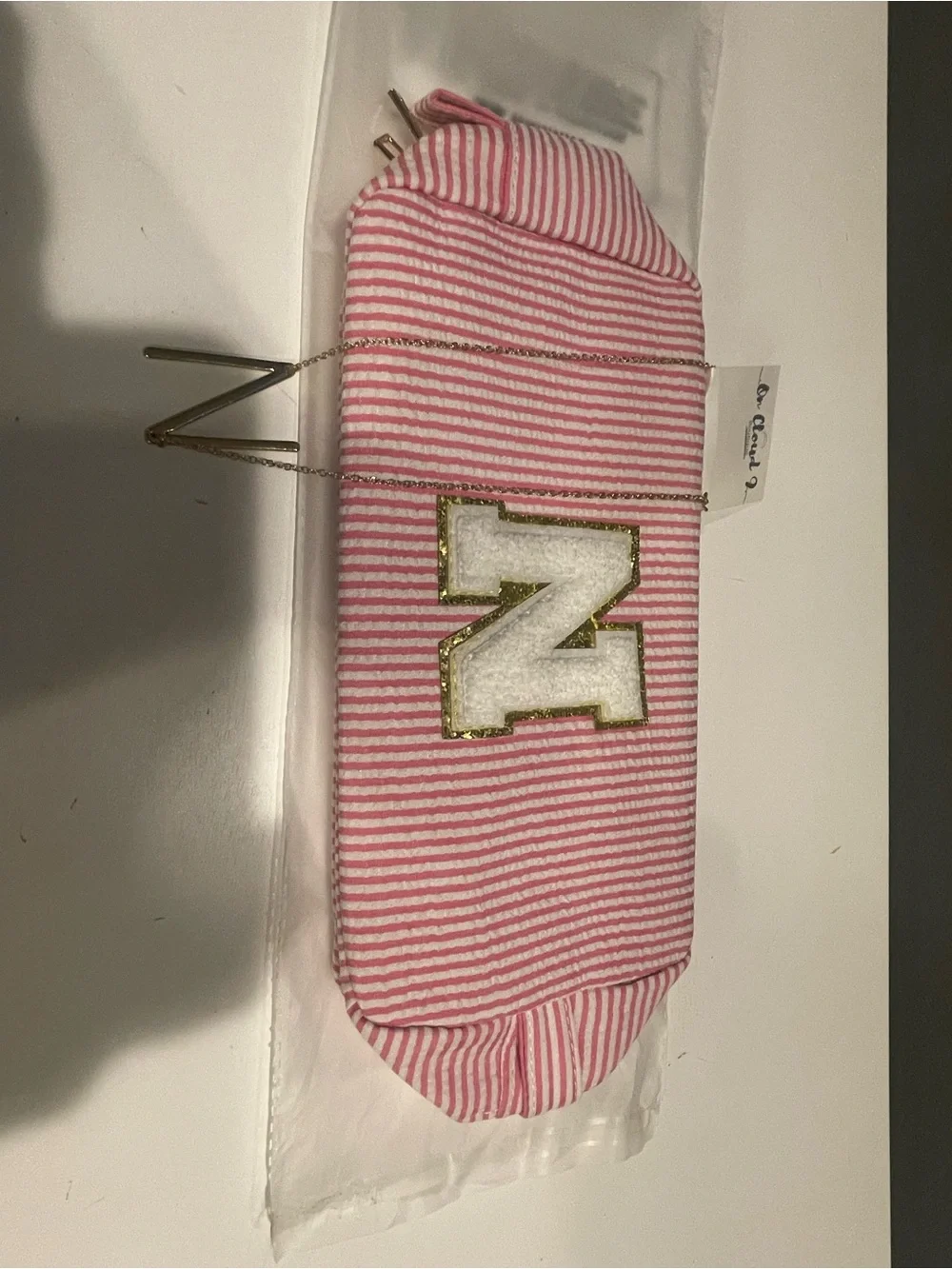 Pink and White Striped Cosmetic Pouch with 'N' Patch w/ “N” necklace included